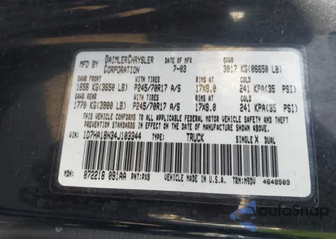 2004 Dodge Ram 1500 Slt/Laramie из США, поврежденный, VIN 1D7HA18N34J103344